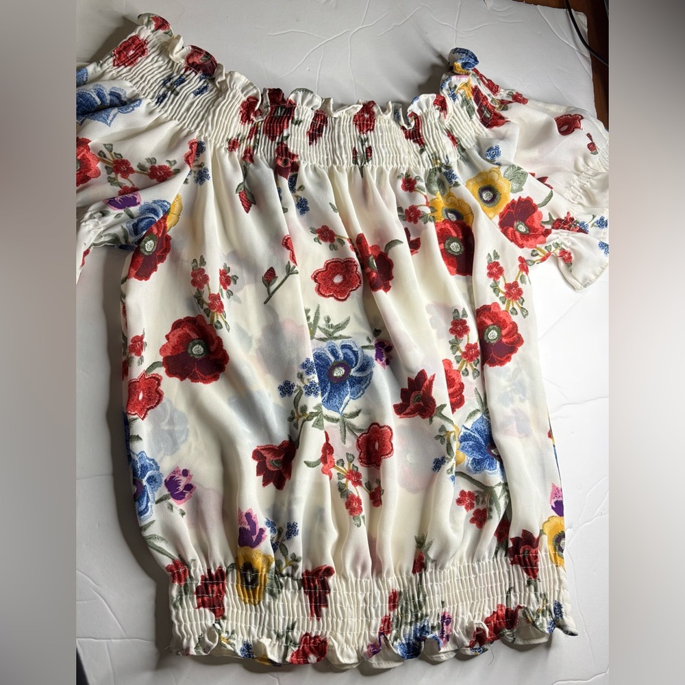 TIMING Floral Off-Shoulder Blouse - Red, Blue, Yellow Size S - Picture 5 of 9